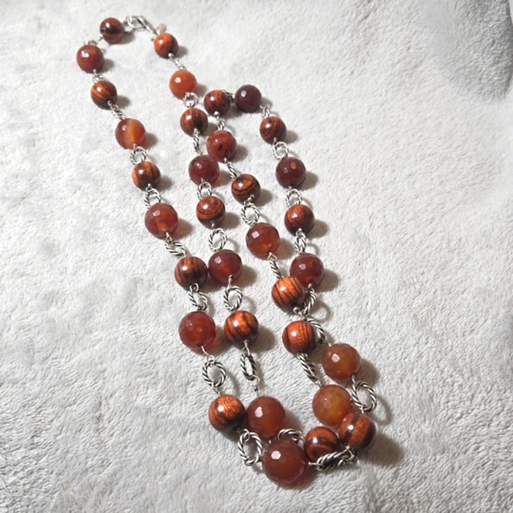 #274 Claudia Agudelo Long Wood Beaded Necklace Silver Tone